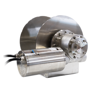 Stainless steel motor with a large wheel on a white background