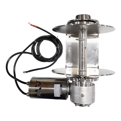 Metallic cylindrical device with wiring on a white background