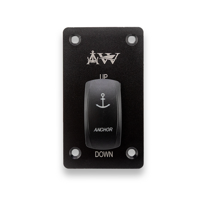 A black momentary up/down rocker switch with a white logo and anchor symbol, labeled 'UP' and 'DOWN'.