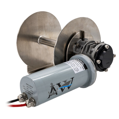 An anchor winch with a silver aluminum drum and a gray motor housing labeled 'SAILOR', featuring electrical wiring and a black handle.