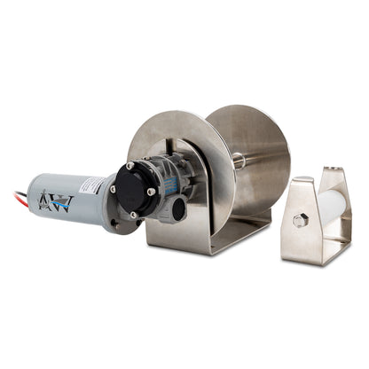 An anchor winch with a silver aluminum drum and a gray motor housing labeled 'SAILOR', featuring electrical wiring and a black handle.