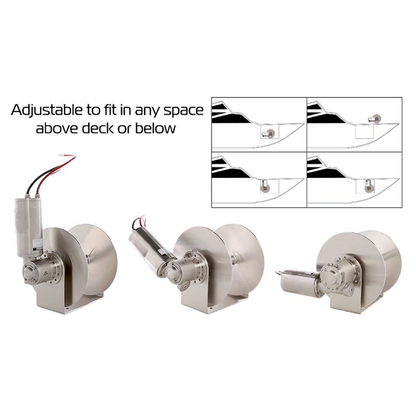 Stainless steel drum anchor winch with a 12v motor, designed for use with small to medium-sized boats.