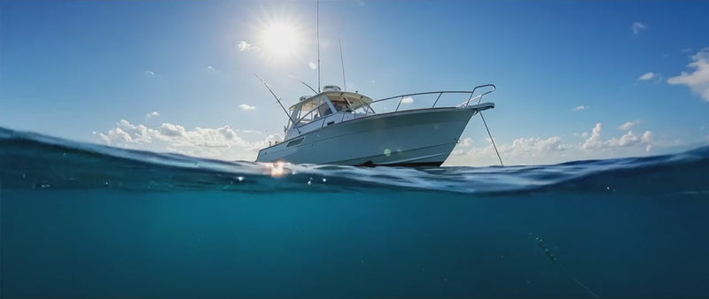 video of a fishing boat anchored in the ocean with sharks swimming underneath